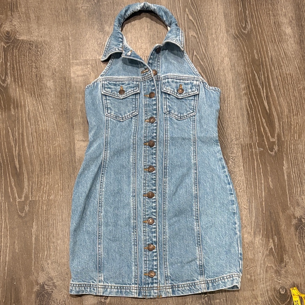 Denim Halter Dress with Button Front